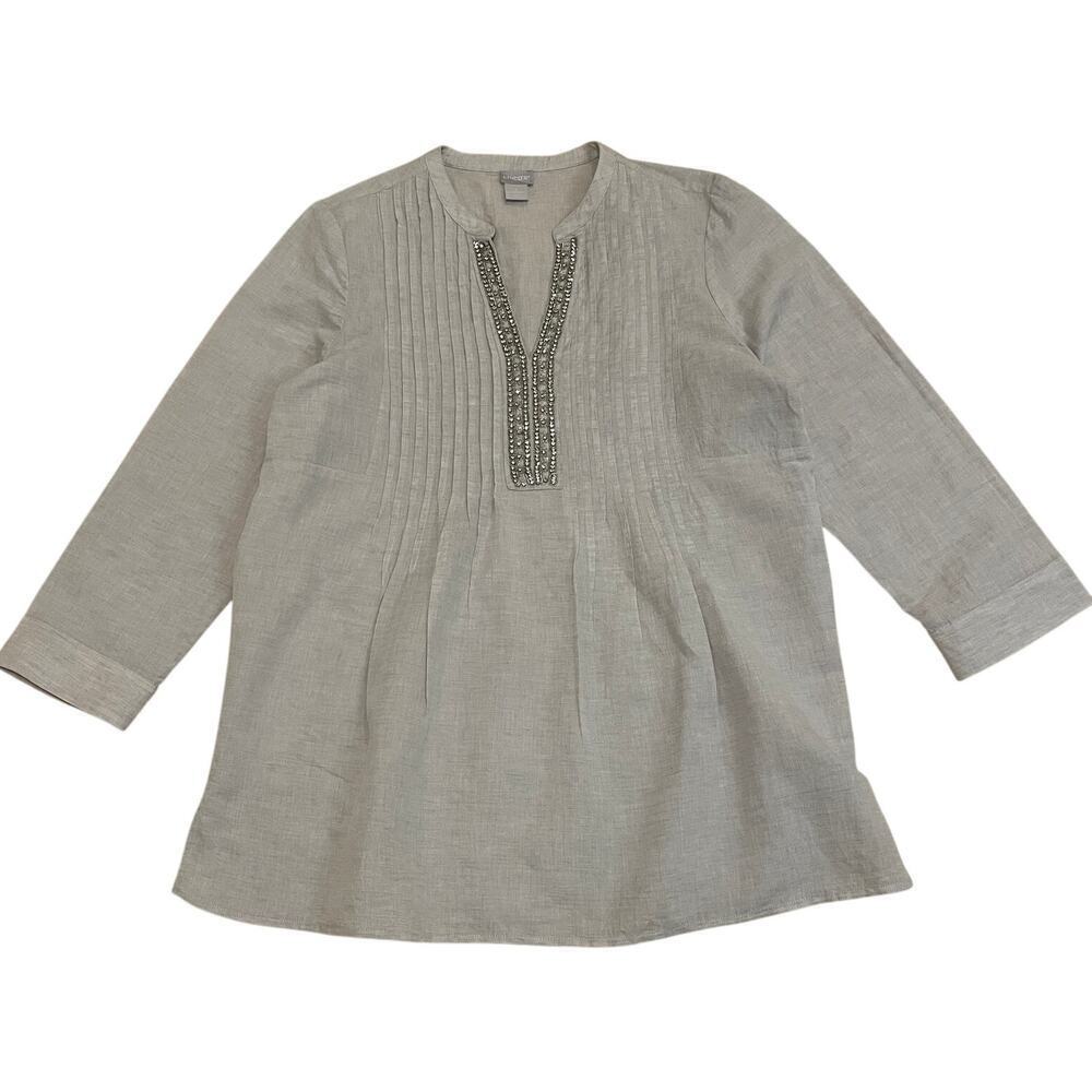 Chico's 2 (12/14) Embellished Rhinestones Tunic Top | Linen Blend, Light Gray